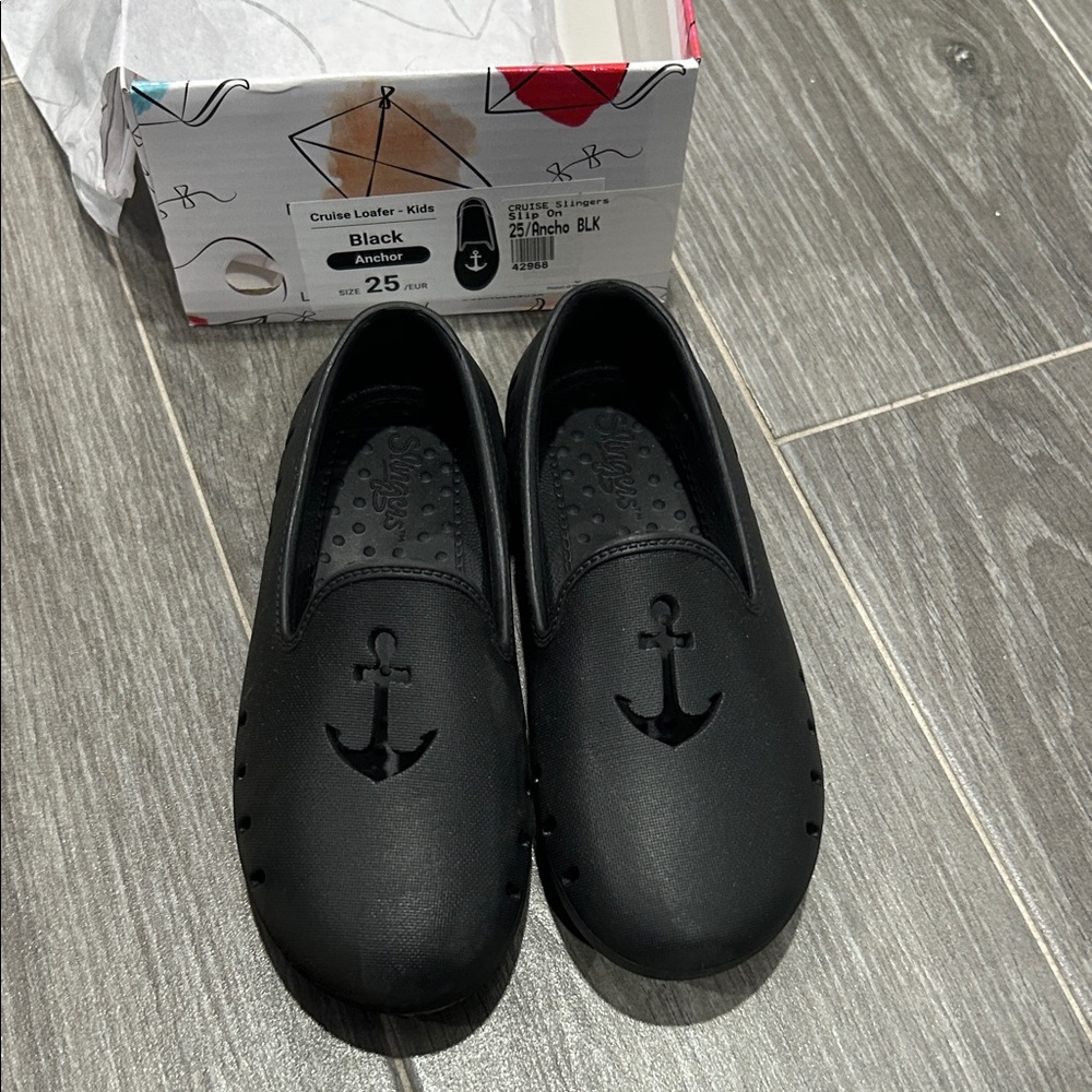 Slingers Cruise Loafer Kids Black Anchor Shoes